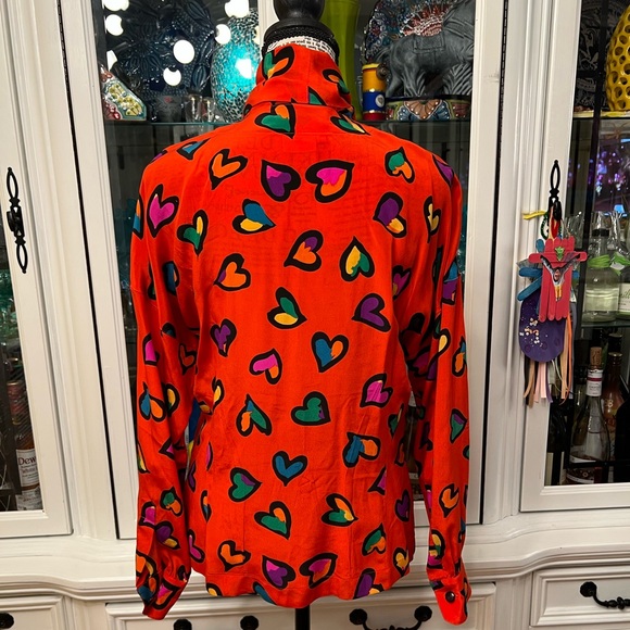 Vintage Escada Red Heart Print Blouse with Neck Bow 34 S - Picture 5 of 16